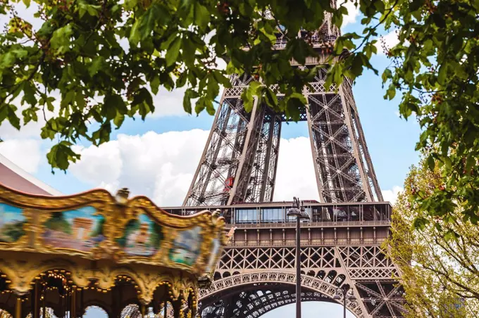 France, Ile-de-France, Paris, Eiffel tower and carousel