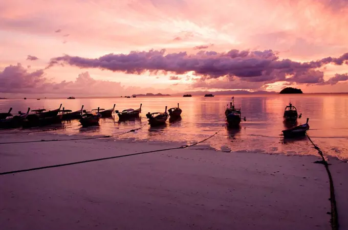 Thailand, Koh Lipe, Longtail boats at sunrise