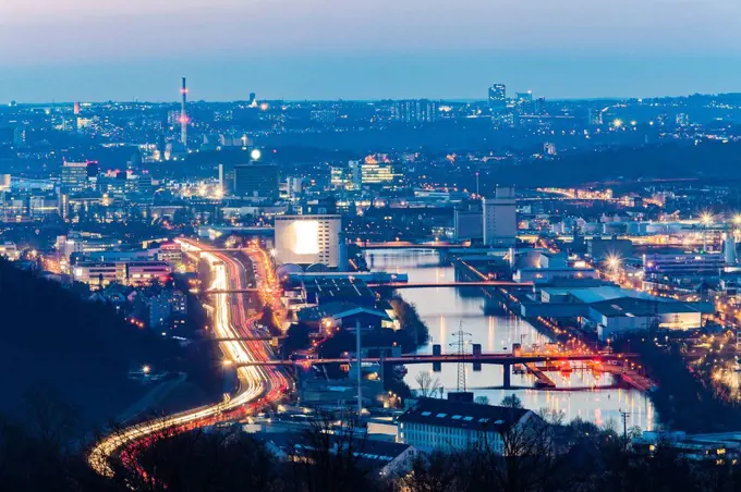 Germany, Baden-Wuerttemberg, Stuttgart, Neckar Valley, Neckar river, port area, industrial area at night