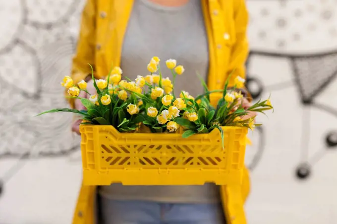 Close-up of woman holding yellow spring flower box
