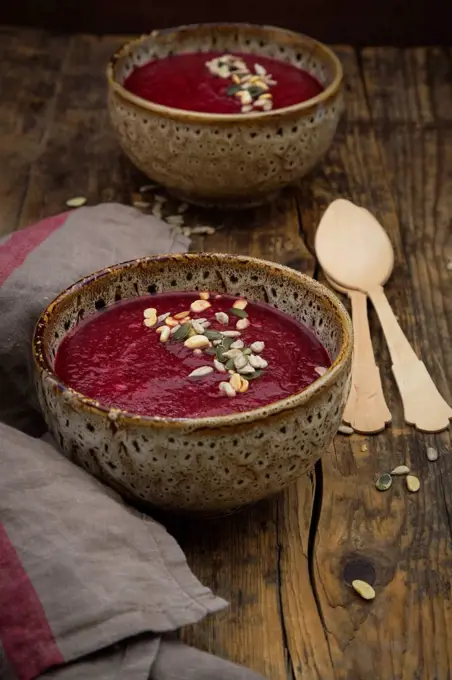 Beetroot soup with pumpkin and sunflower seeds
