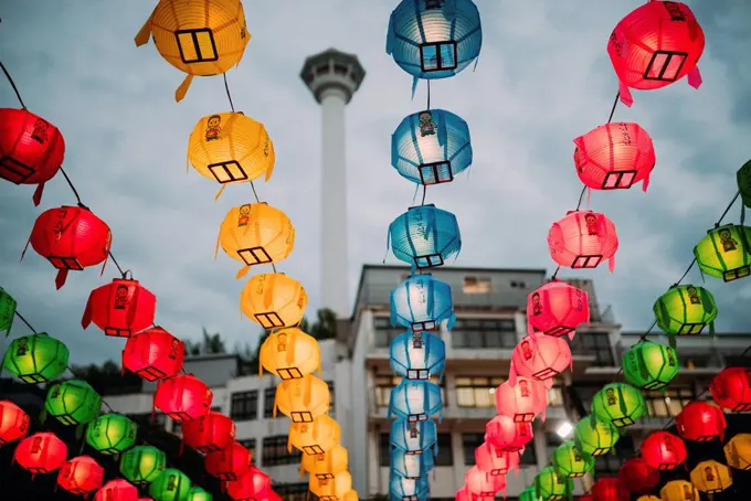 South Korea, Seoul, colorful lanterns, Busan Tower in the background