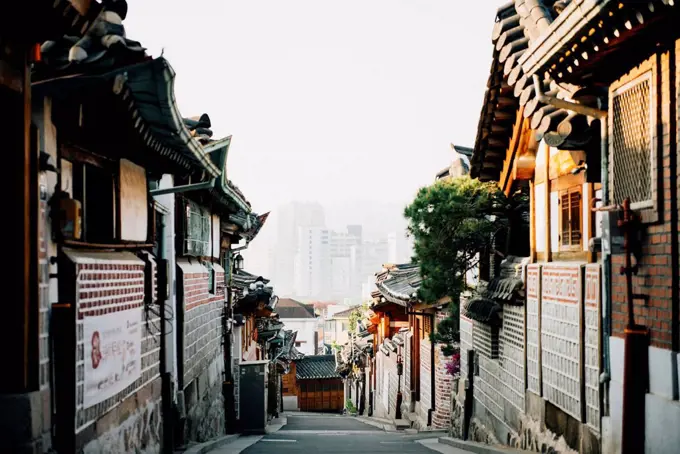 South Korea, Bukchon Hanok Village, street with traditional houses