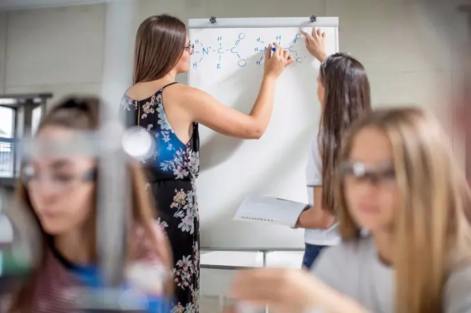 Teacher helping teenage girl writing formula on whiteboard