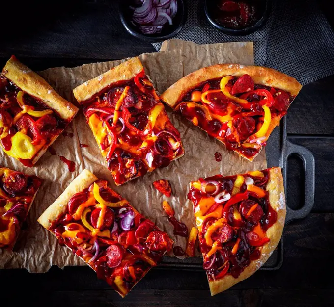 Chorizo Pizza with bell pepper and onions
