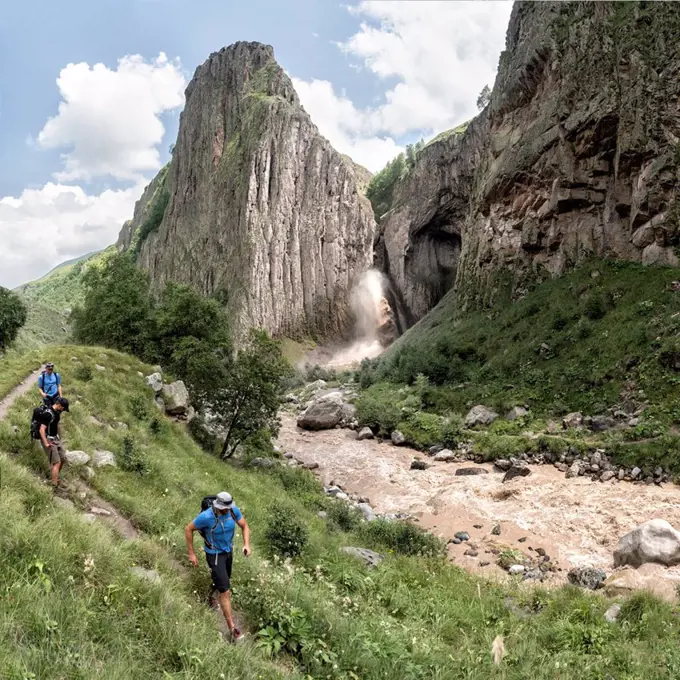 Russia, Caucasus, Mountaineers hiking in Upper Baksan Valley