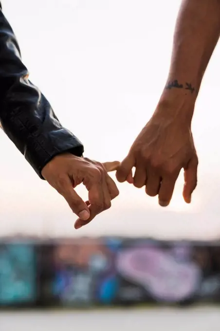 Close-up of lesbian couple holding hands outdoors