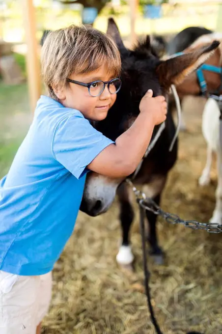 Portrait of little boy hugging mule