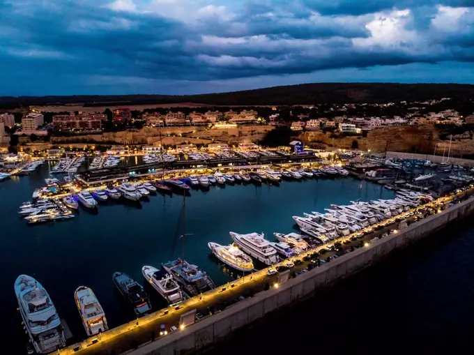 Mallorca, El Toro, Port Adriano at blue hour, aerial view
