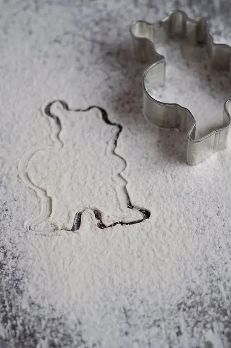 Silhouette of a Christmas cookies cutter in powdered sugar