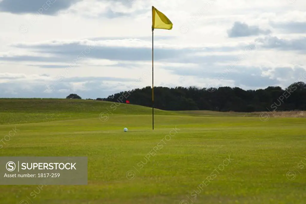 View of flagstick and golf ball across the green
