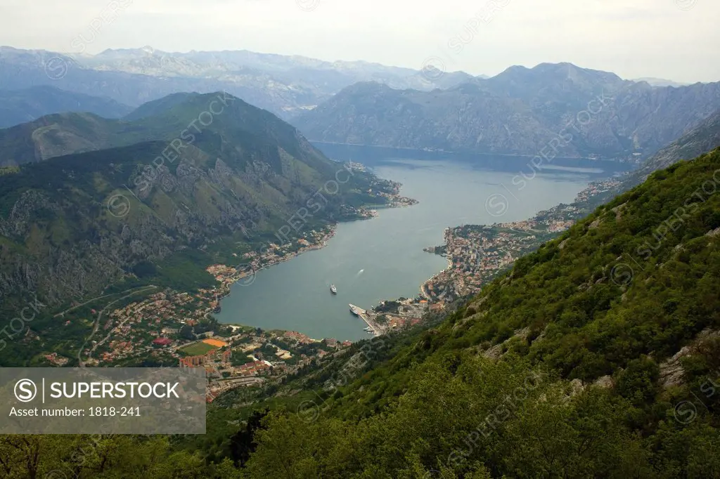 High angle view of a town surrounded with mountains, Kotor, Montenegro