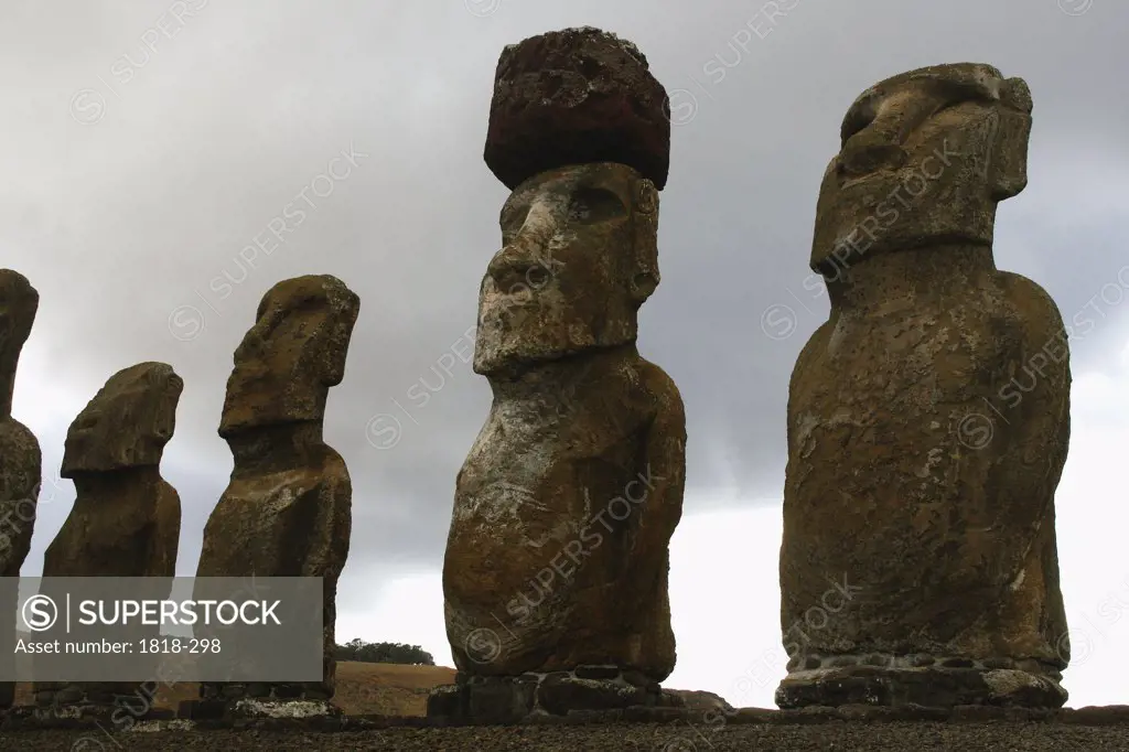 Low angle view of Moai statues, Rano Raraku, Ahu Tongariki, Easter Island, Chile