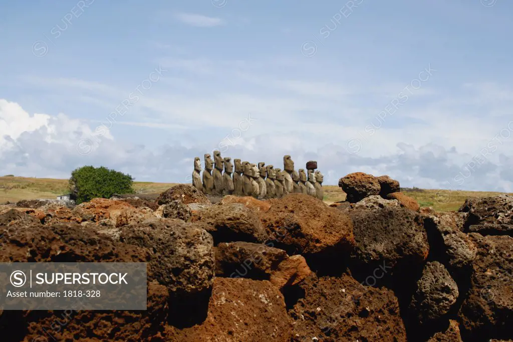 Moai statues on a hill, Rano Raraku, Ahu Tongariki, Easter Island, Chile