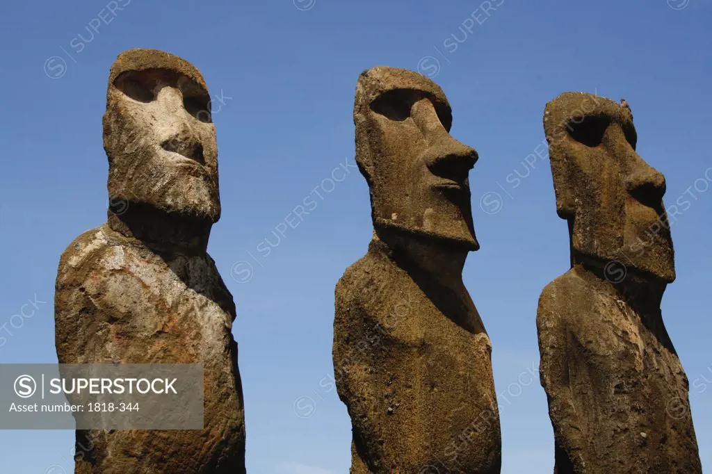 Low angle view of Moai statues, Rano Raraku, Ahu Tongariki, Easter Island, Chile