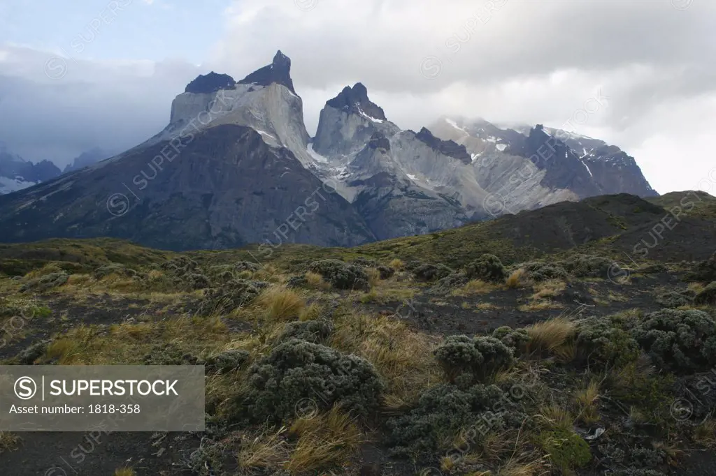 Clouds over mountain range, Torres del Paine National Park, Patagonia, Chile