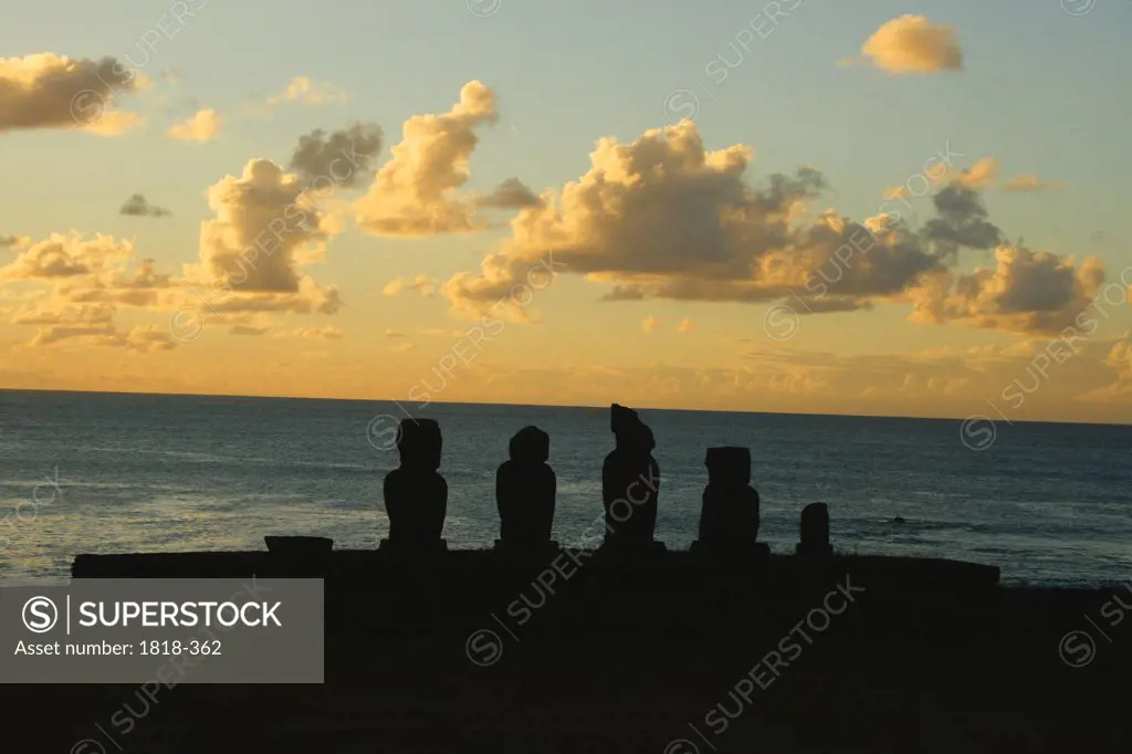 Silhouette of Moai statues, Rano Raraku, Ahu Tongariki, Easter Island, Chile