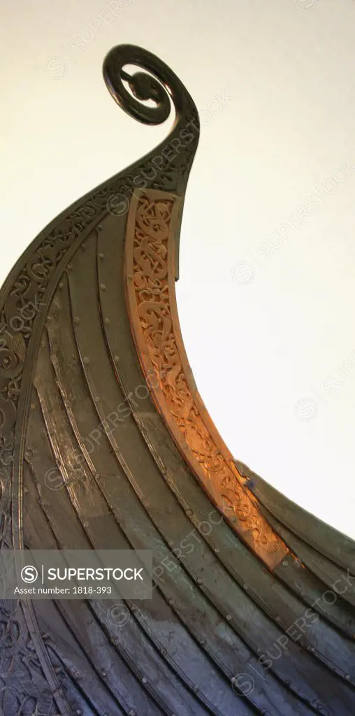 Close-up of a Viking ship's bow in a museum, Viking Ship Museum, Oslo, Norway