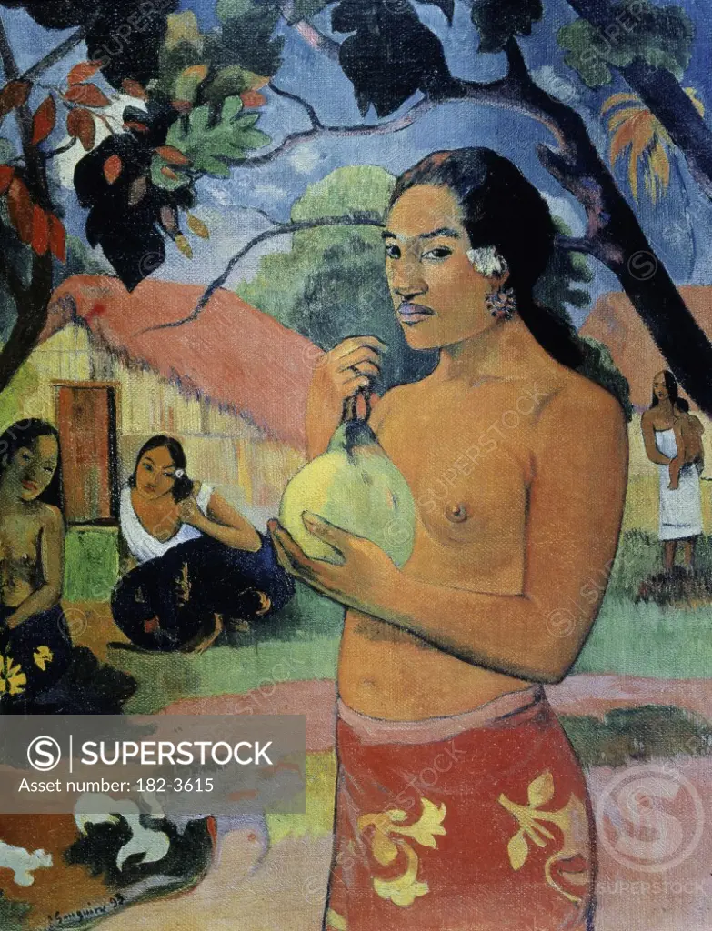 Woman Holding a Fruit-Where are You Going (Eu Haere ia oe), 1893, Paul Gauguin (1848-1903 French), Oil on canvas, State Hermitage Museum, St. Petersburg, Russia