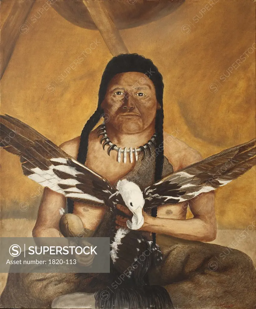 Native American Portrait with Eagle and Rattle, 1993, Jerome Kleine, (b.20th. C/American), Oil