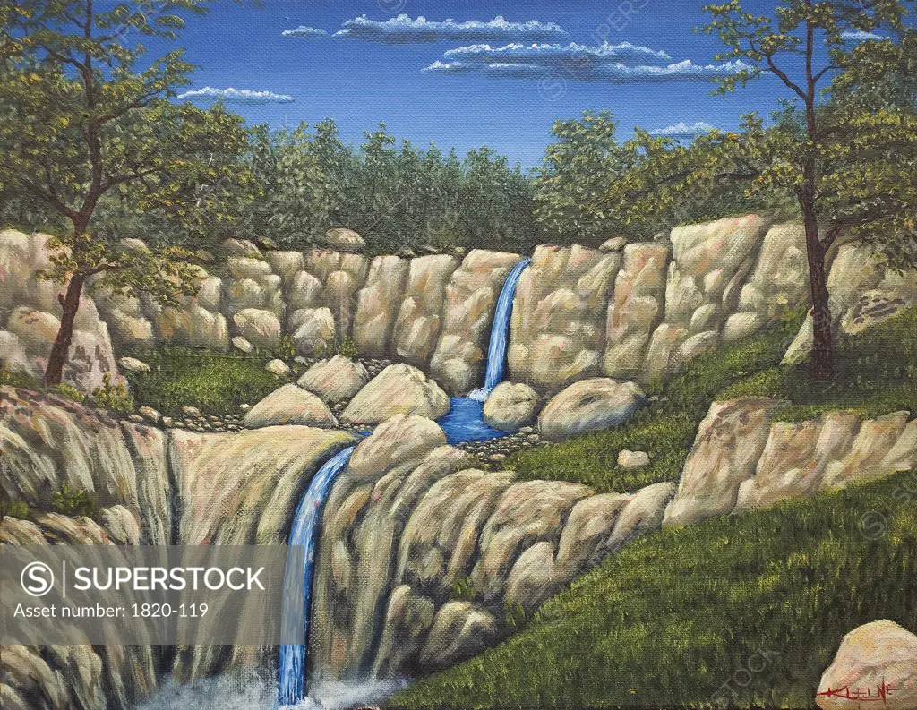 Blue Stream with Double Waterfall, 1990, Jerome Kleine, (b.20th. C/American), Oil
