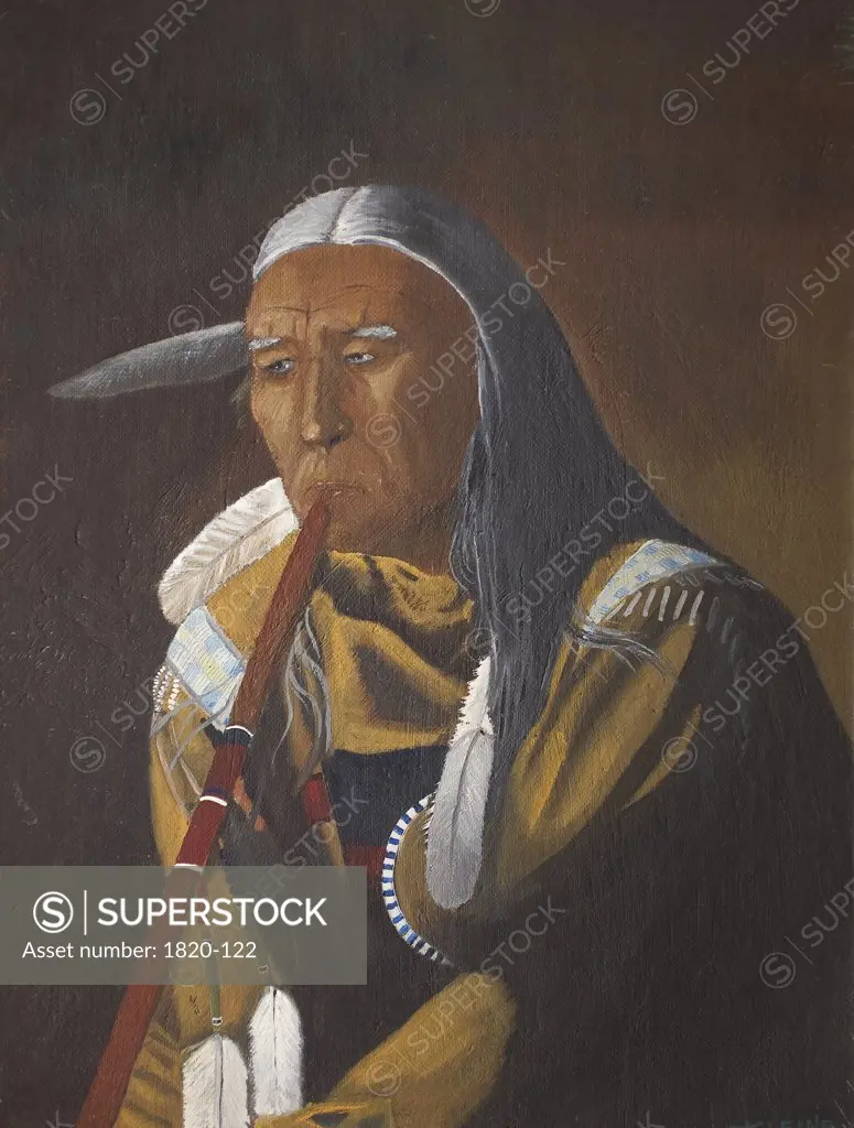 Native American Portrait With Peace Pipe, 1993, Jerome Kleine, (b.20th. C/American), Oil