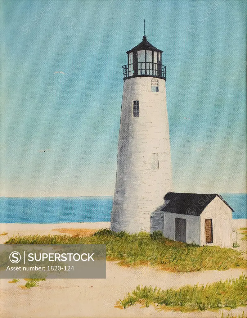 Beach Lighthouse with Quarters, 1992, Jerome Kleine, (b.20th. C/American), Oil