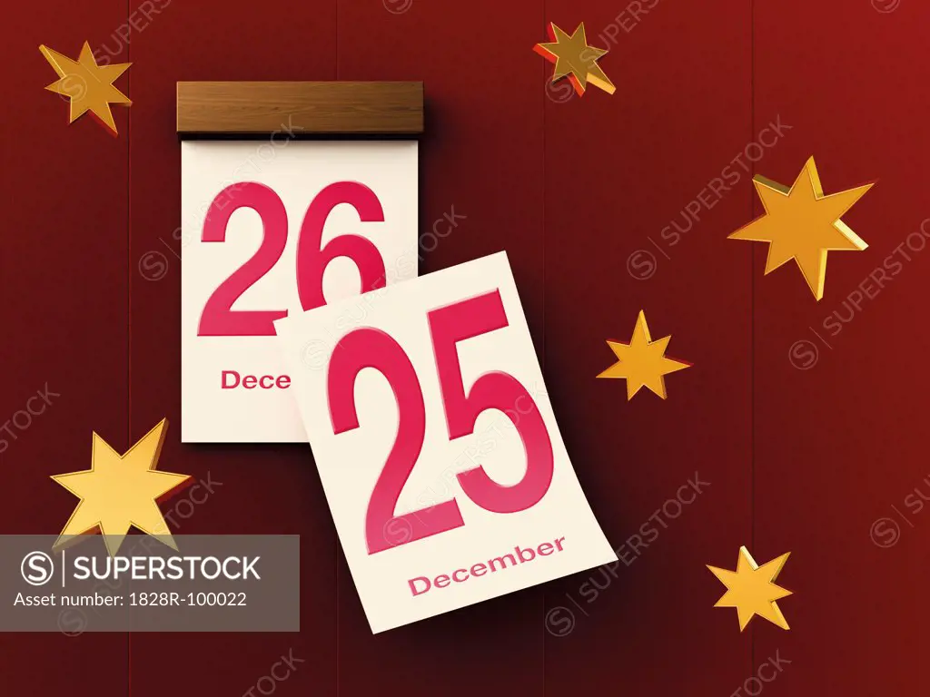 Digital Illustration of Sheet Calendar with 25th and 26th of December. 10/25/2013