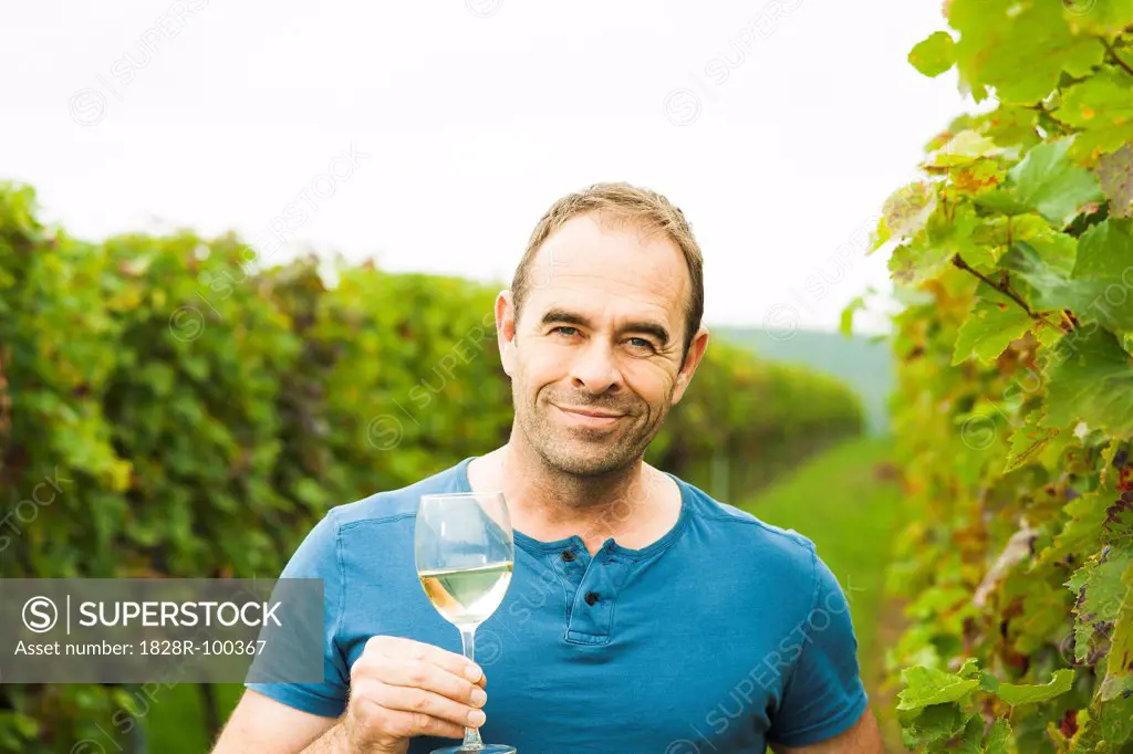 Portrait of vintner holding glass of wine in vineyard, smiling and looking at camera, Rhineland-Palatinate, Germany. 10/08/2013