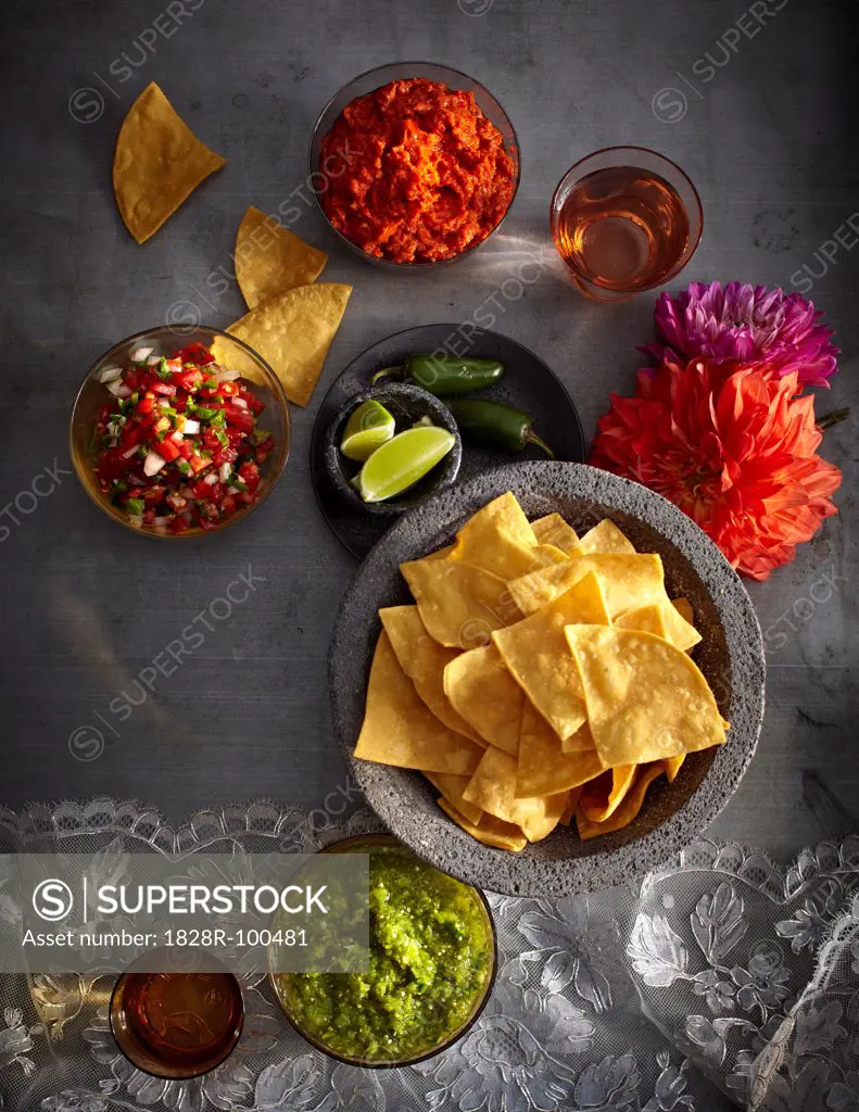 Variety of salsas, condiments and tortilla chips, Mexican Fiesta, studio shot. 10/18/2011