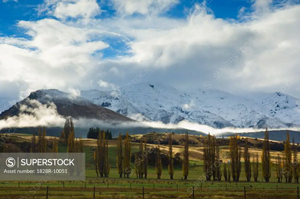 Farmland and Mountains, Queenstown, Otago, South Island, New Zealand   
