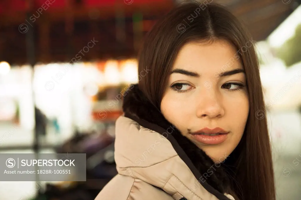 Portrait of Young Woman at Amusement Park, Mannheim, Baden-Wurttermberg, Germany. 10/12/2013