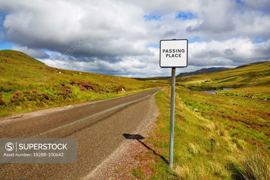 Traffic Sign by Road in Highlands, Strath Dionard, Sutherland, Scotland. 08/22/2013