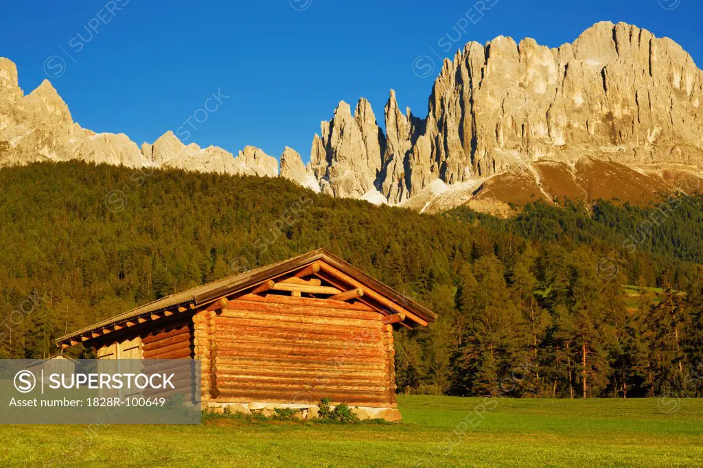Mountain Hut and Vajolet Towers, Tiers, South Tyrol, Trentino-Alto Adige, Italy. 09/23/2013