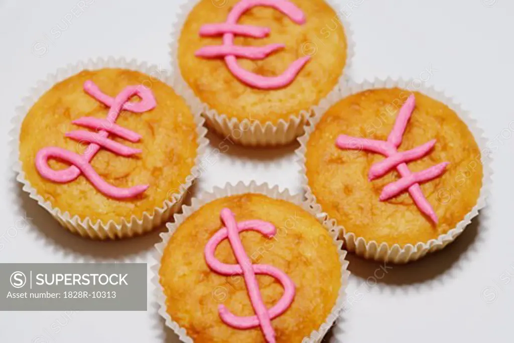 Cupcakes with Monetary Symbols in Icing   