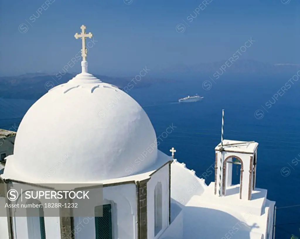 Grecian Church with Cruise Ship Greece   