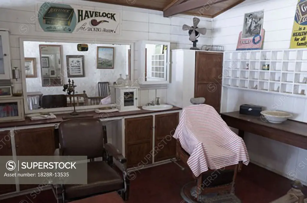 Interior of Barber Shop, Swan Hill Pioneer Settlement, Swan Hill, Victoria, Australia   