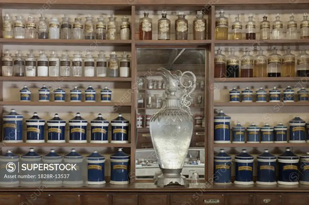 Old Fashioned Pharmacy Display, Swan Hill Pioneer Settlement, Swan Hill, Victoria, Australia   