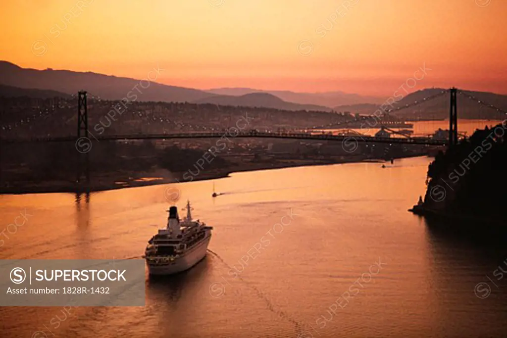 Cruise Ship and Lion's Gate Bridge at Sunset, Vancouver British Columbia, Canada   