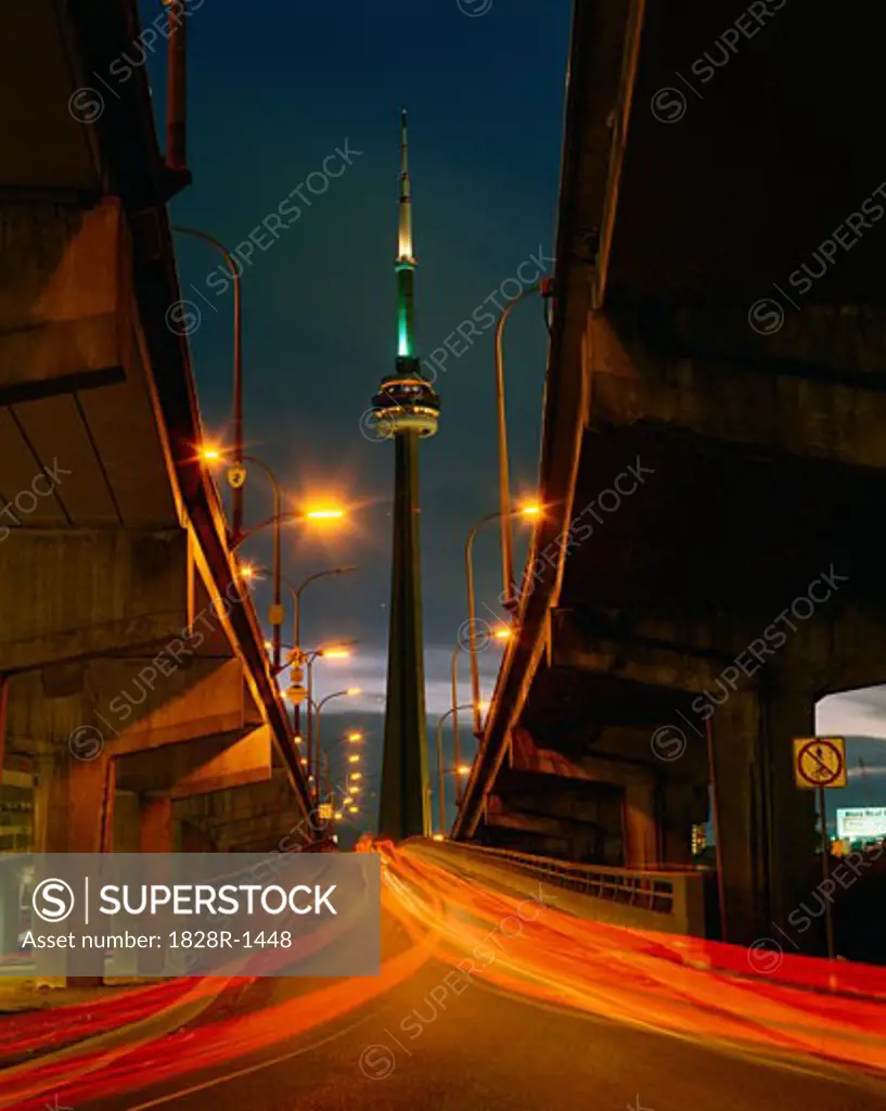 CN Tower and Gardiner Expressway At Dusk Toronto, Ontario, Canada   