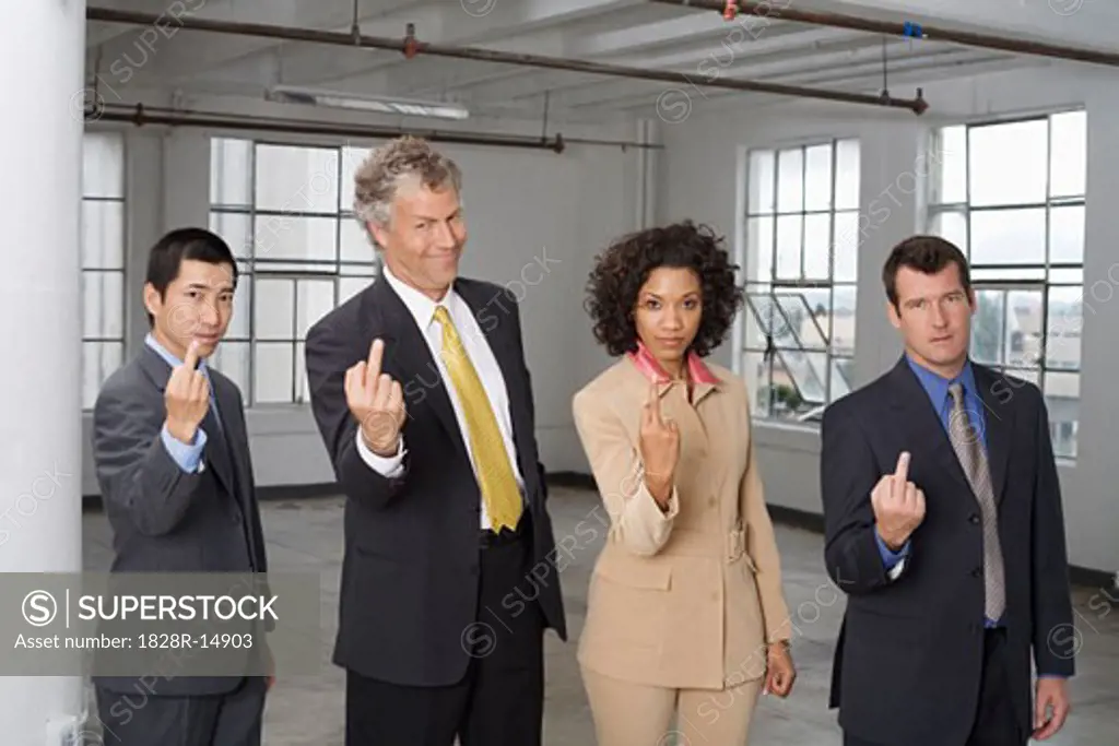 Group Portrait of Business People Making Rude Hand Gesture   