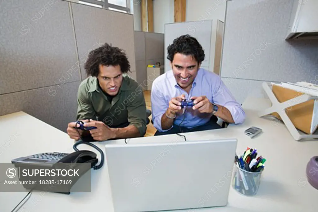 Coworkers Playing Video Game in Office   