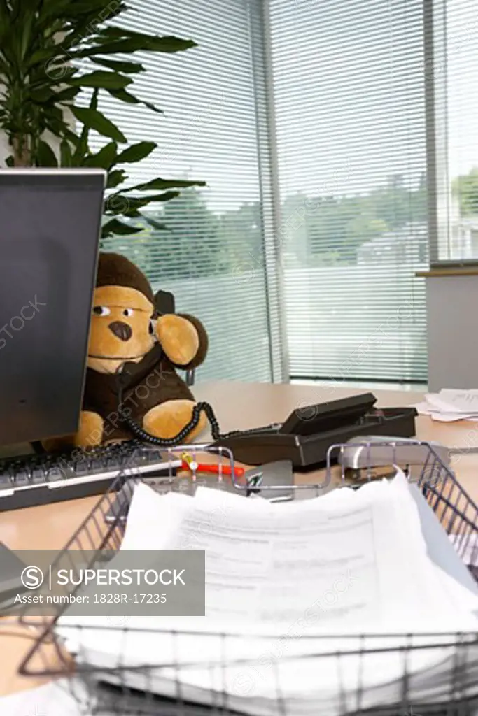 Stuffed Animal using Telephone in Office   