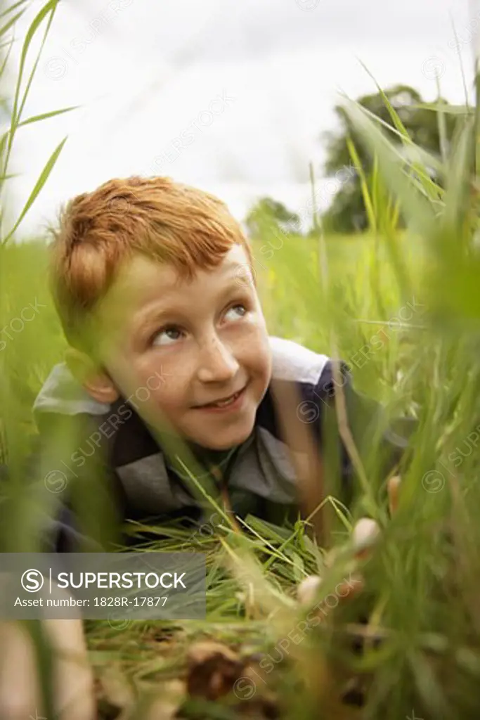 Portrait of Boy Peeking through Long Grass   