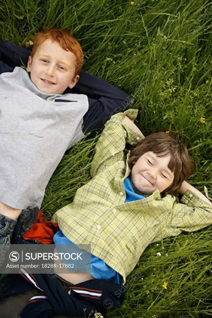 Portrait of Boys Lying Down in Field of Grass   