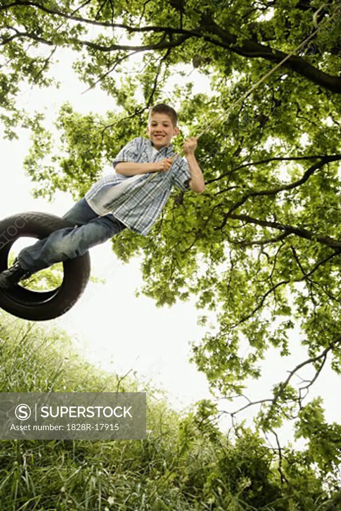Boy Swinging on Tire Swing   