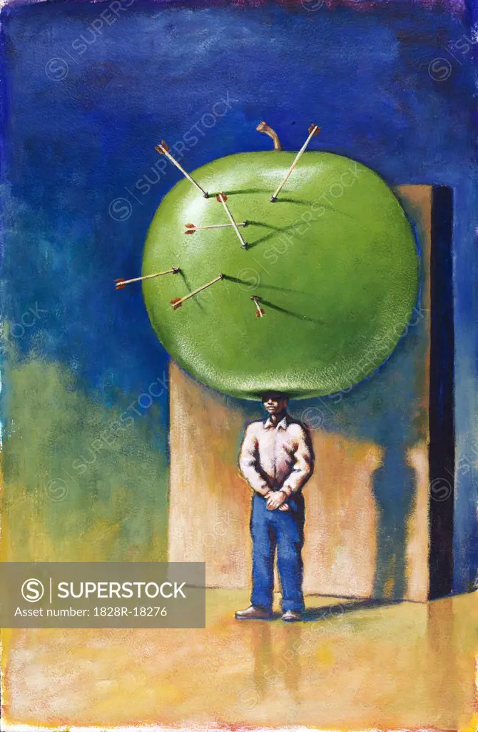 Man Balancing Apple on Head full of Arrows   
