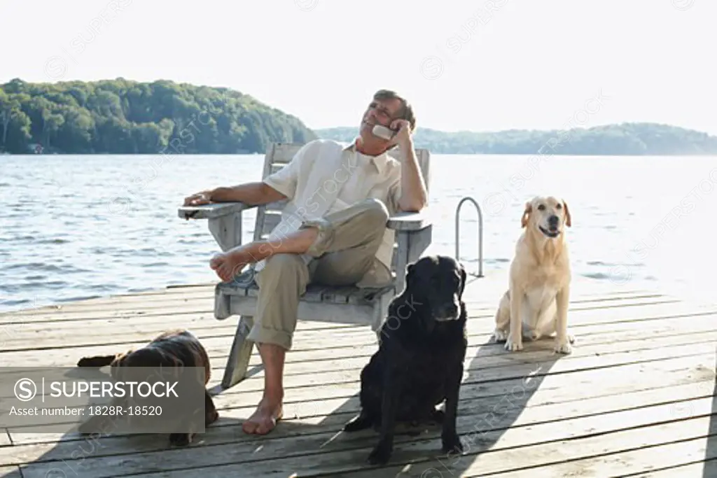 Man on Dock with Dogs, Three Mile Lake, Muskoka, Ontario, Canada   
