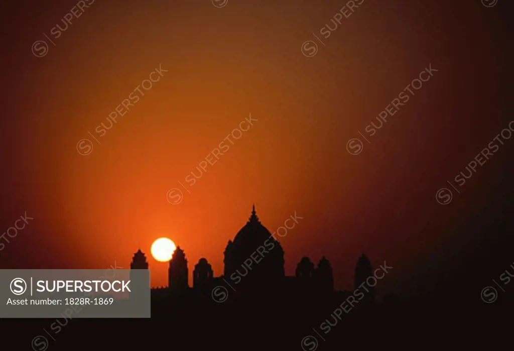 Silhouette of Umaid Bhawan Palace At Sunset, Jodhpur, India   