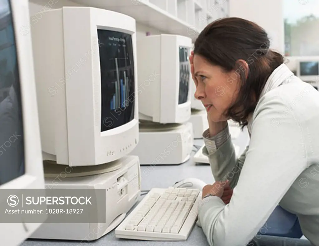 Woman at Computer in Computer Room   